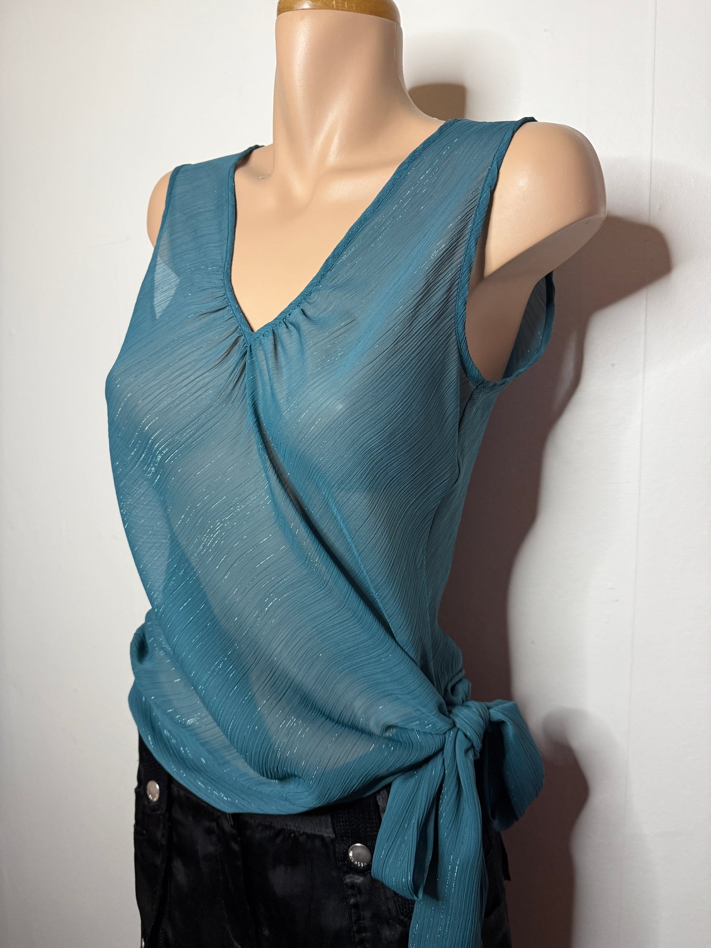 00's Teal shimmer sheer tank w tie detail • Size S