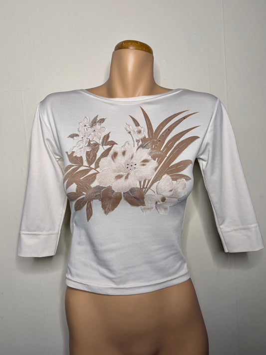 00's Flower print boat neck top w diamantes • Size S