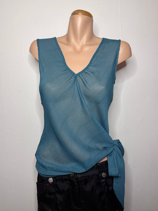 00's Teal shimmer sheer tank w tie detail • Size S