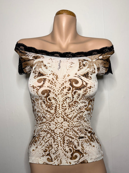 00's Cavalli print top w lace trim • Size S