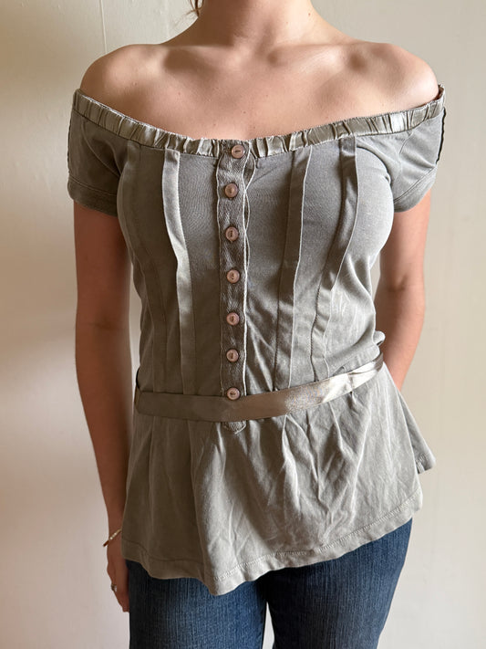 00's Mango khaki ribbon babydoll top • Size M