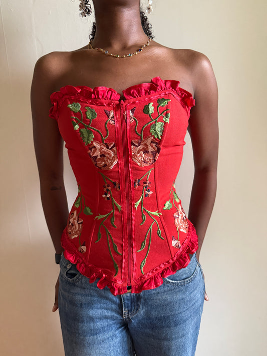 00's Embroidered zipper corset • Size S