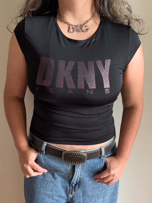 00's DKNY Glitter print slinky baby tee • Size L