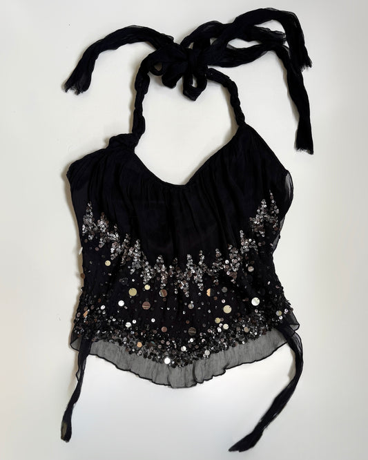 00's Morgan silk sequin backless halter• Size S-M
