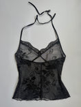 Load image into Gallery viewer, 00's Mesh velvet imprint pattern halter w lace trim • Size S