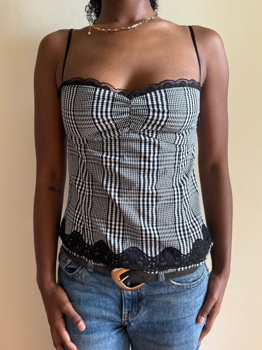 00's Mango cotton plaid cami w lace trim • Size S