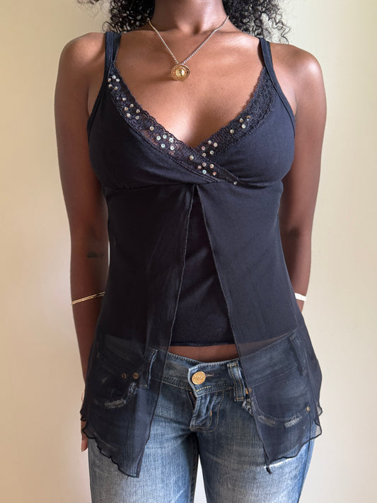 00's Sequin mesh fairy asym cami w lace trim • Size S