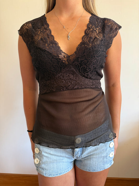 00's Brown mesh/lace tie back top • Size M
