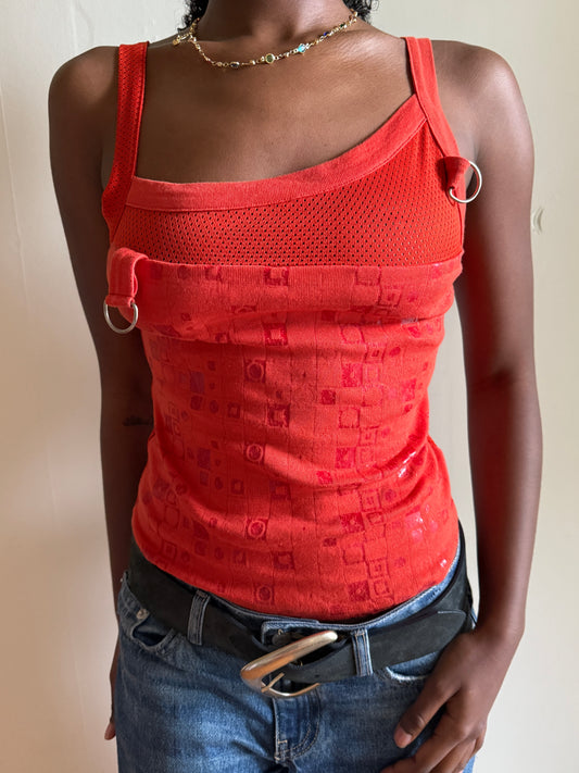 00's Sisley mesh detail graphic print tank • Size S