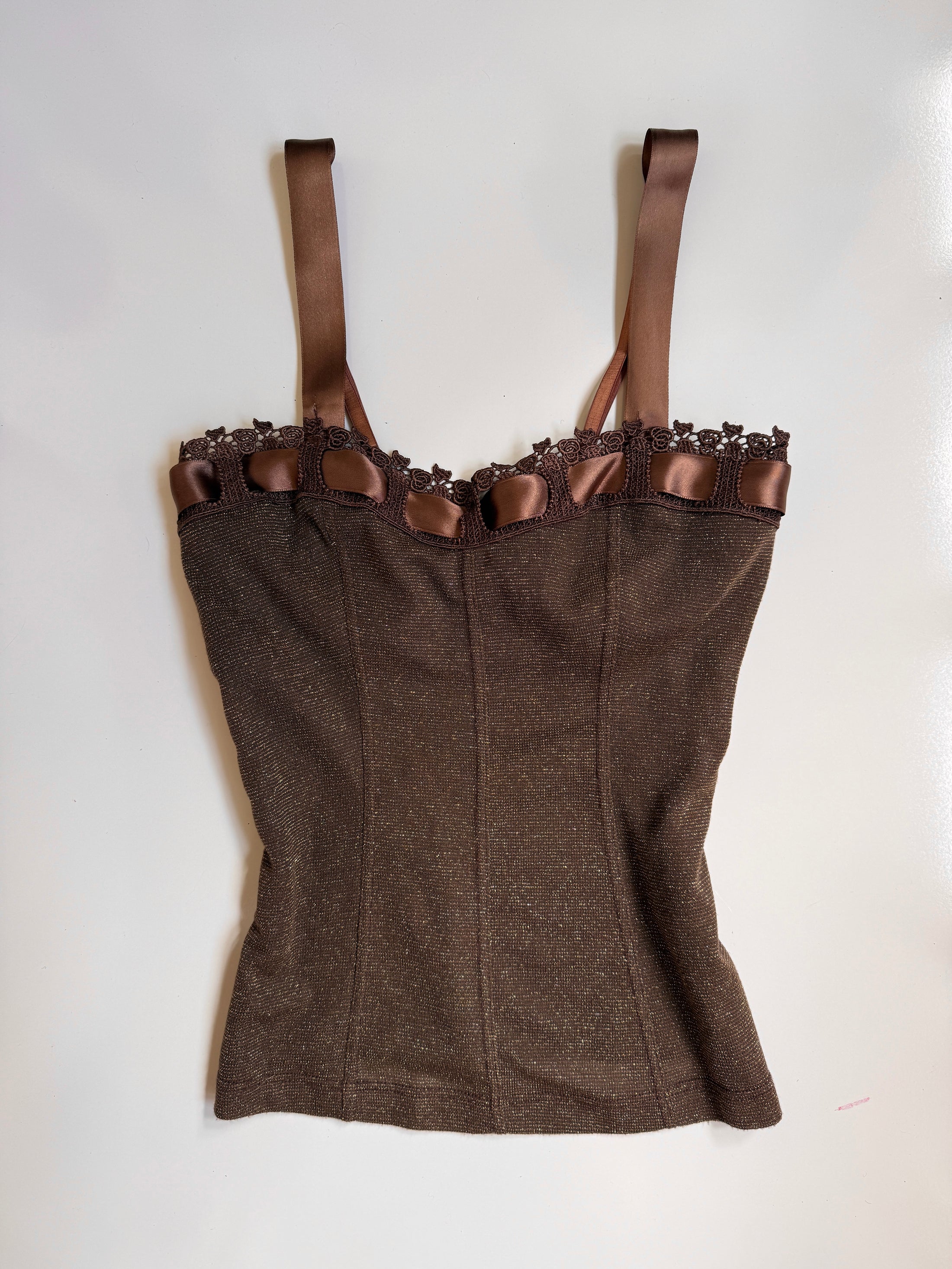 00's Brown shimmer bustier w ribbon • Size S