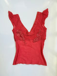 Load image into Gallery viewer, 00's Coral red embroidered mesh lace top • Size XS
