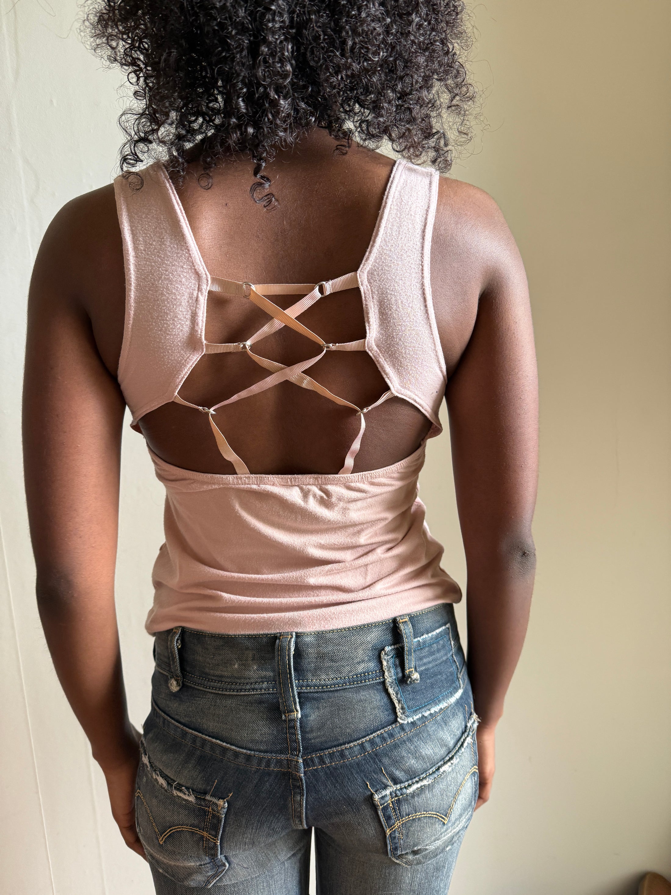 00's Print tank w lace up back detail • Size M