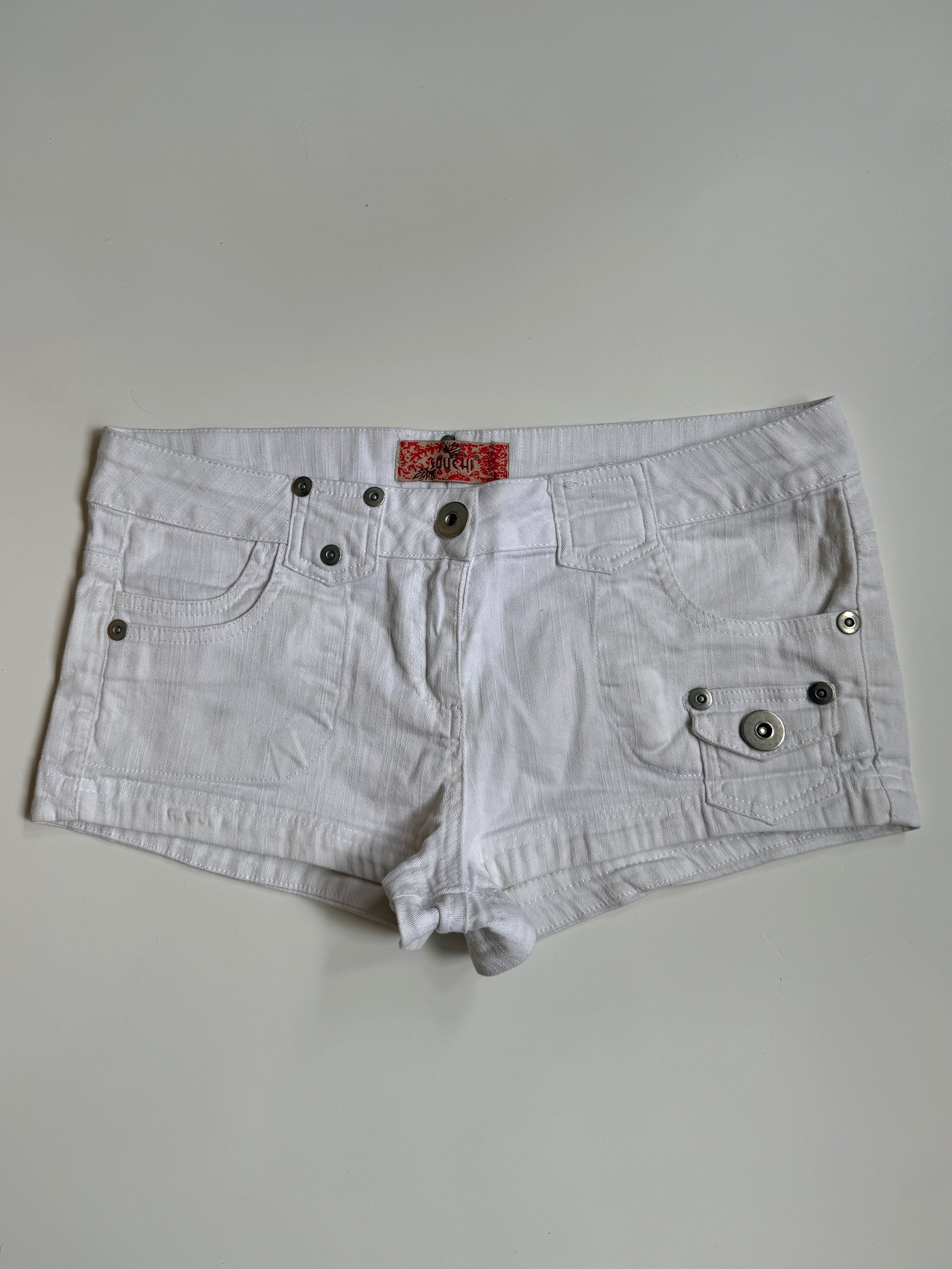 00's White denim low-rise micro shorts • Size 10-12
