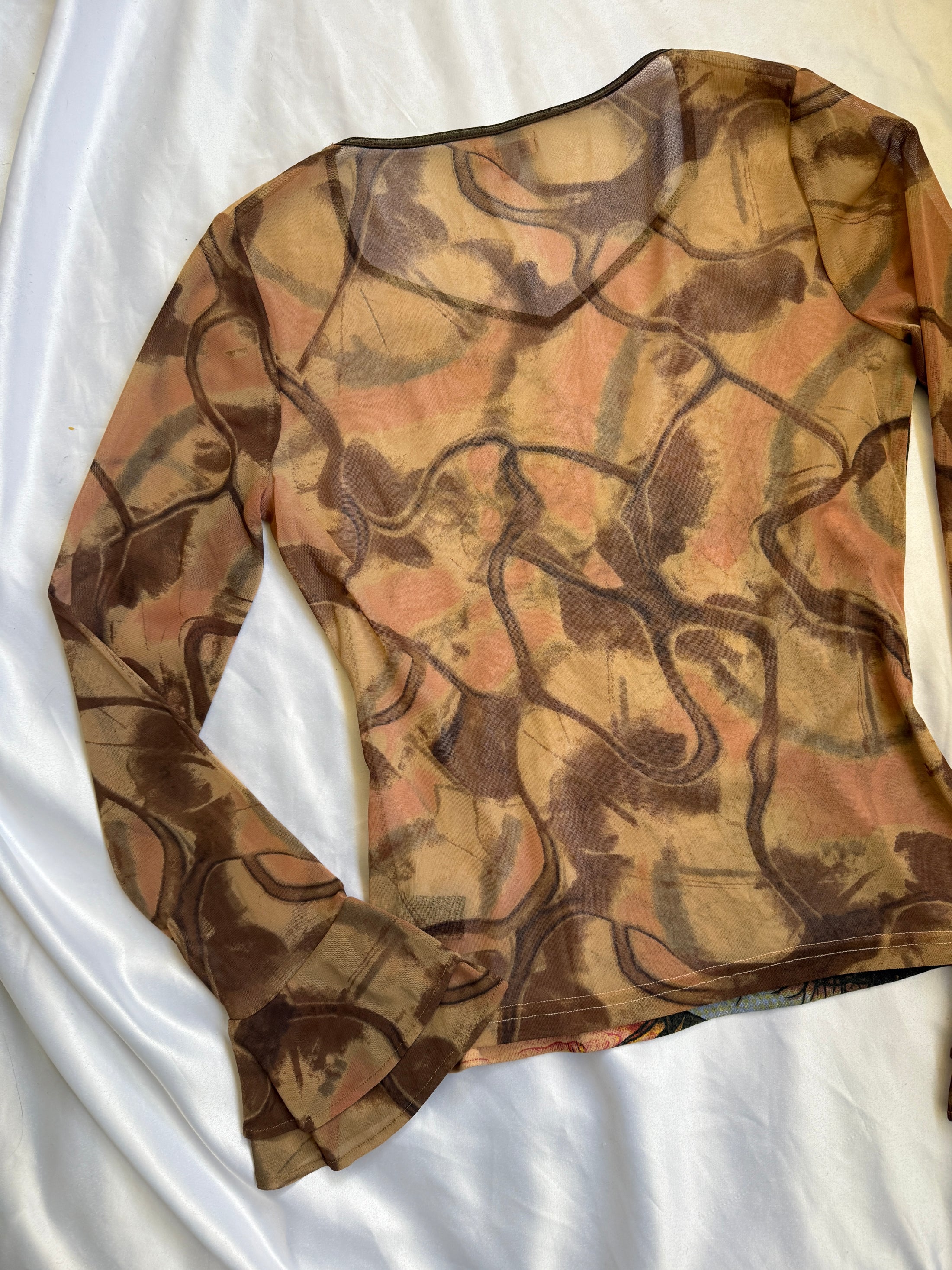 00's Ana Banana print beaded mesh cotton long sleeve • Size L