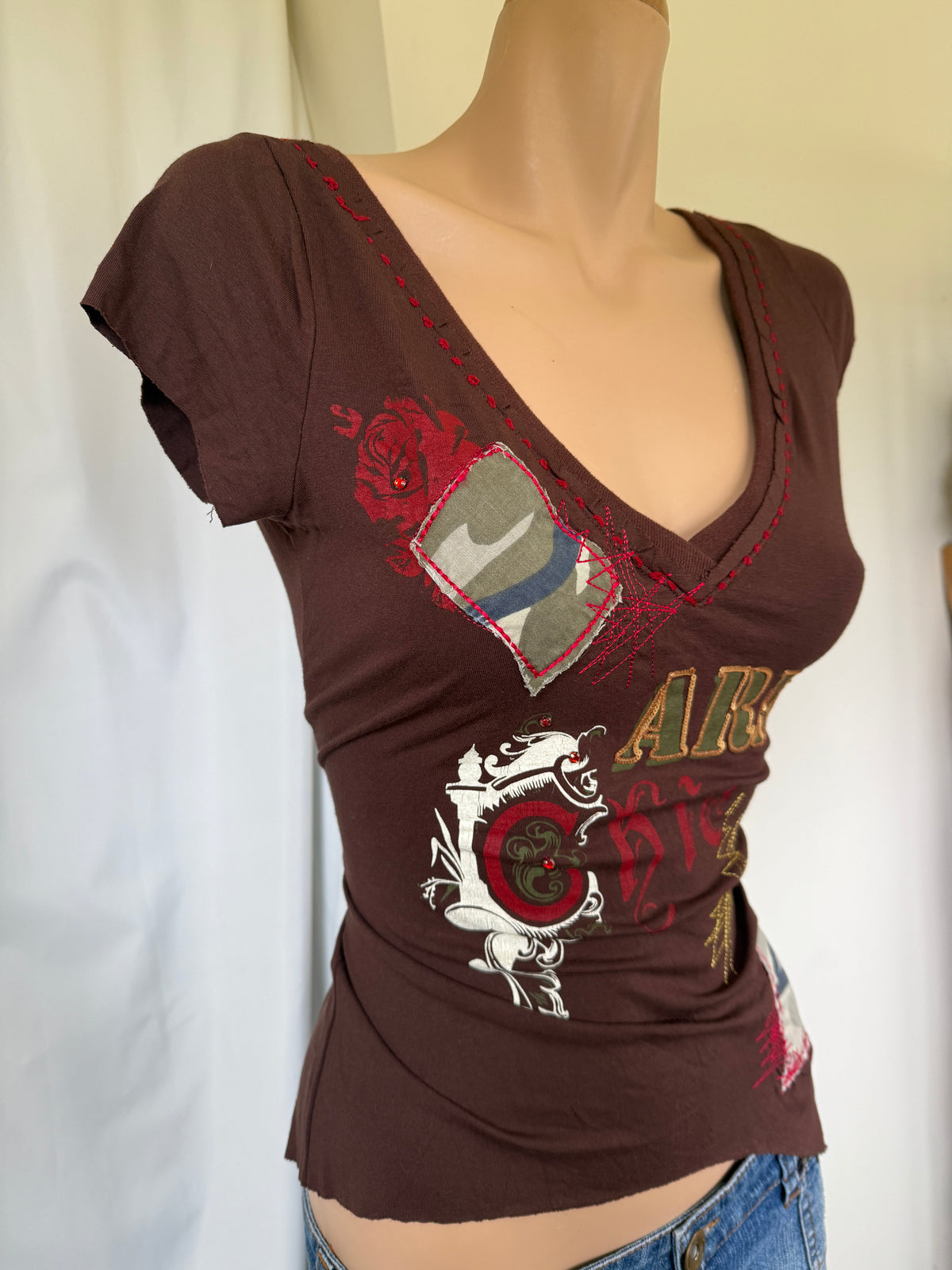 00's Army Chic print detail asym baby tee *Brown • Size M