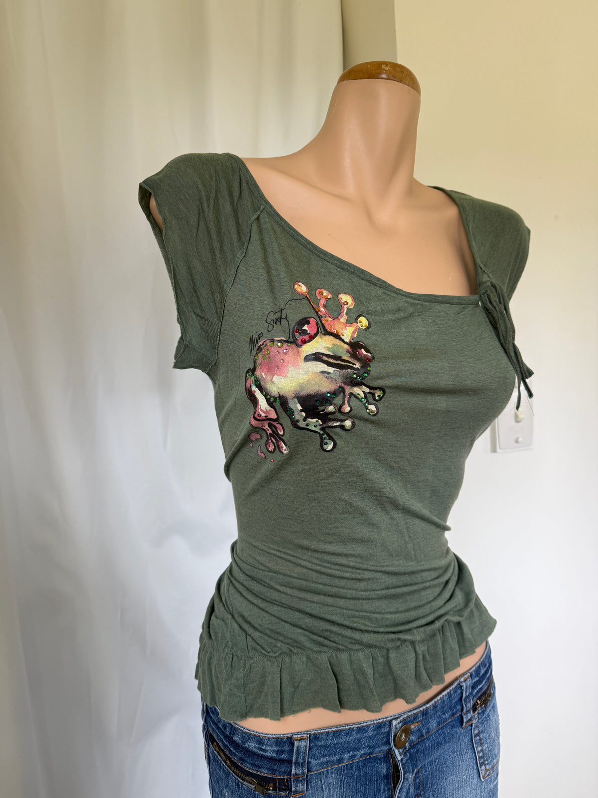 00's Miss Sixty wool blend khaki frill top • Size M