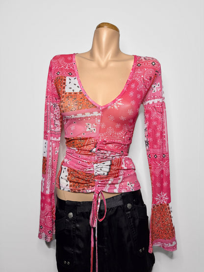00's Paisley ruched mesh bell sleeve • Size S/M