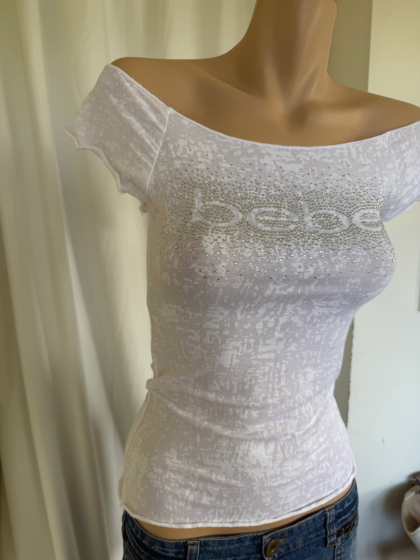 00's Bebe Diamante off shoulder baby tee • Size S