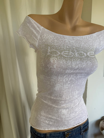 00's Bebe Diamante off shoulder baby tee • Size S