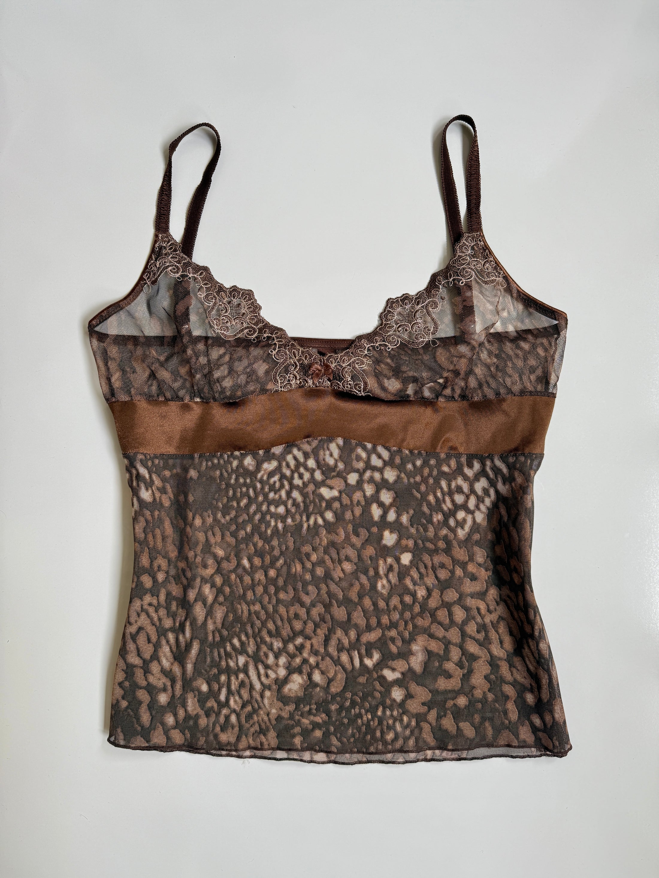 00's Leopard mesh cami w satin ribbon • Size L