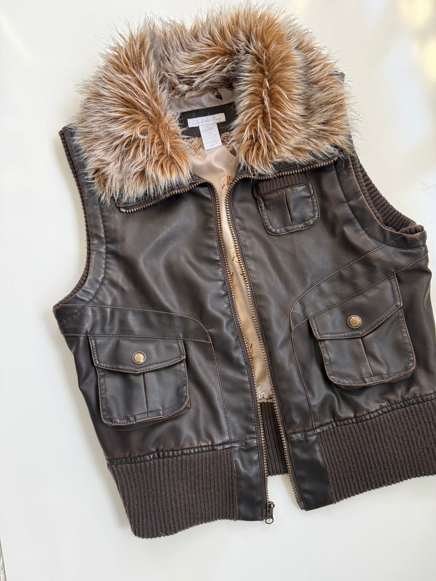 00's Charlotte Russe pleather vest w faux fur trim • Size M
