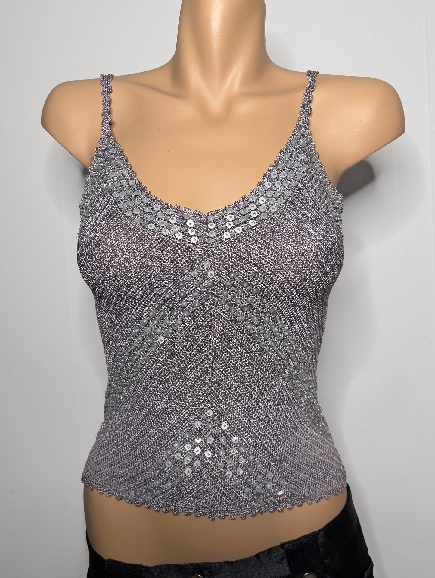 00's Mango silver sequin beaded crocheted cami • Size XS/S
