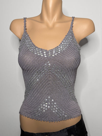 00's Mango silver sequin beaded crocheted cami • Size XS/S