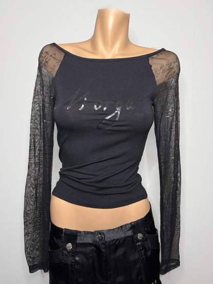 00's Deadstock Morgan off shoulder w mesh print sleeves • Size S