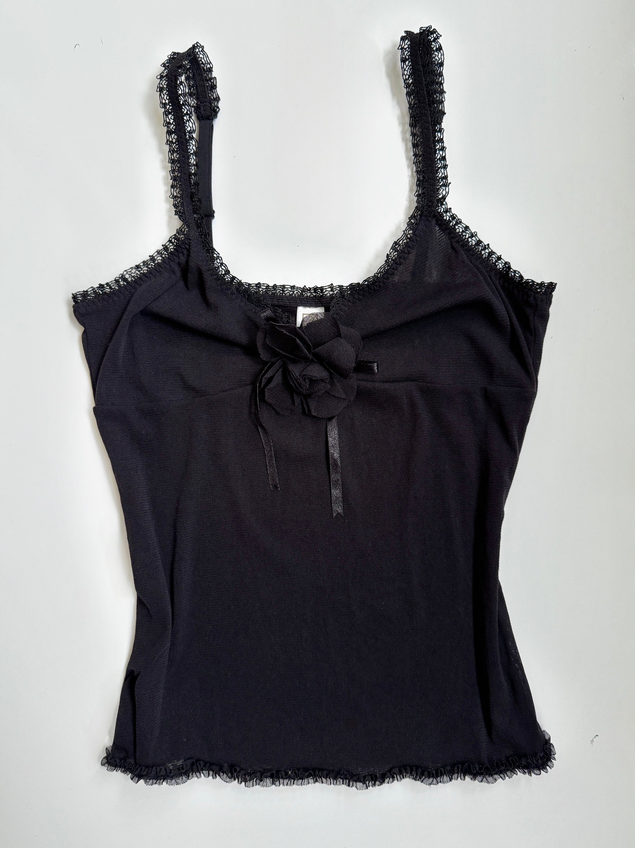 00's Black mesh cami w ribbon flower motif • Size S