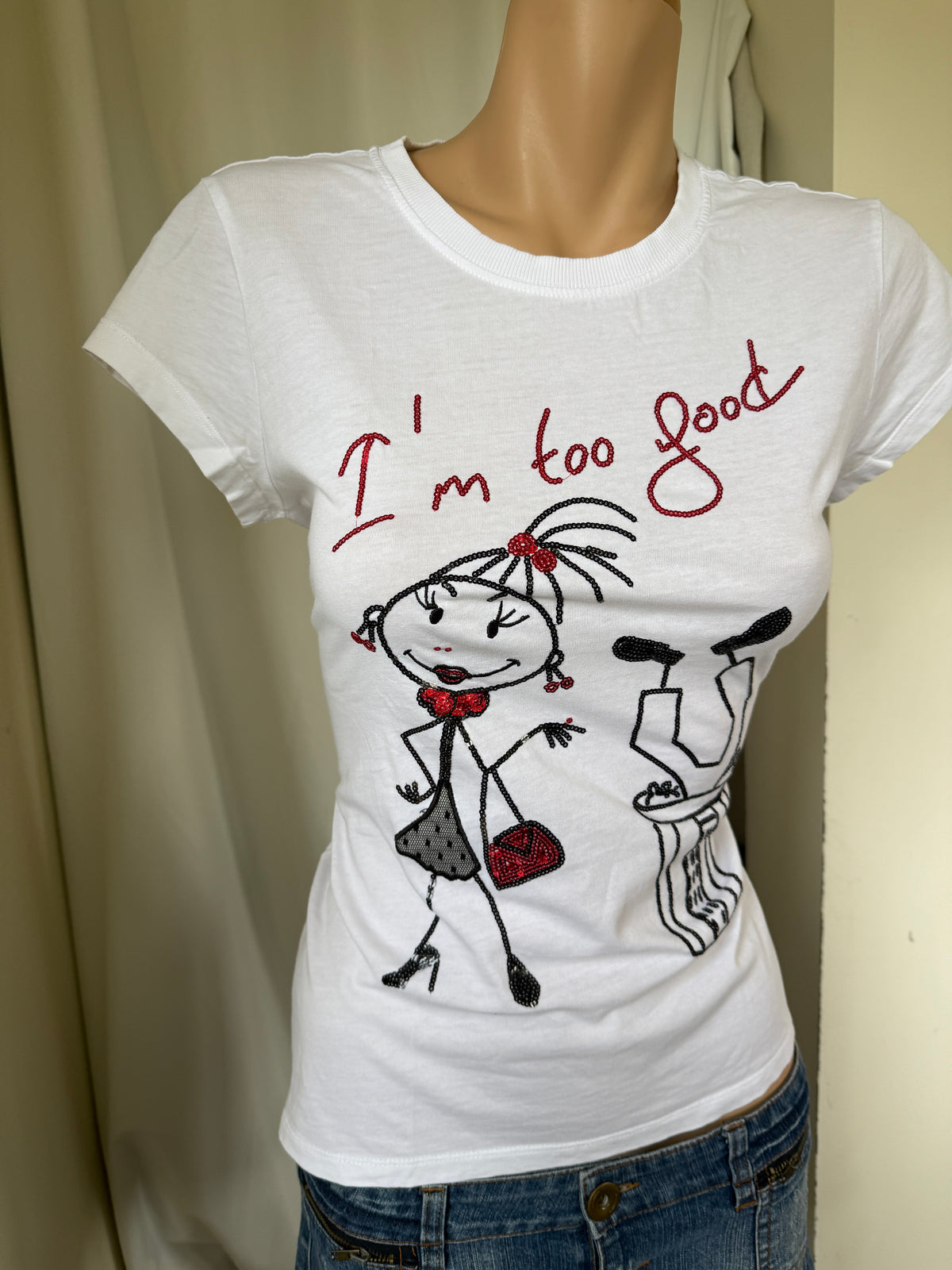 00's "I'm too good" sequin embroidered baby tee • Size L