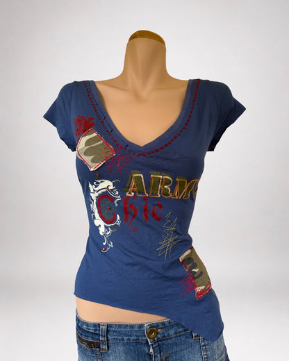 00's Army Chic print detail asym baby tee *Blue • Size M