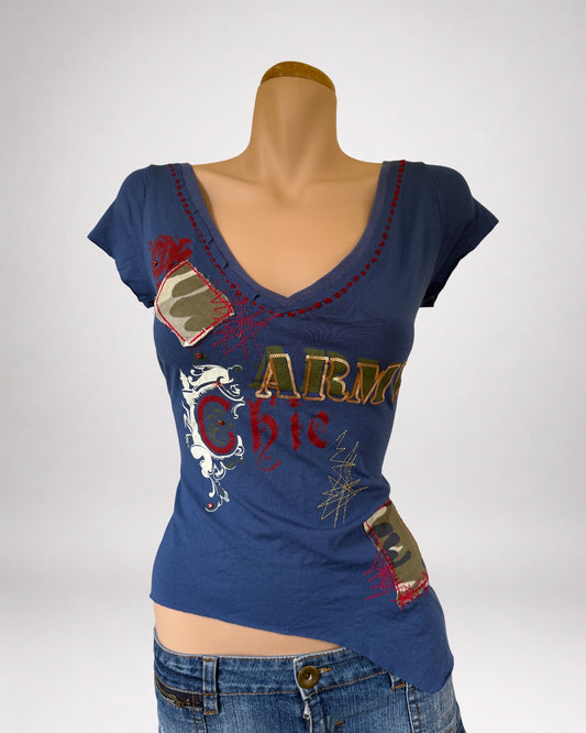 00's Army Chic print detail asym baby tee *Blue • Size M
