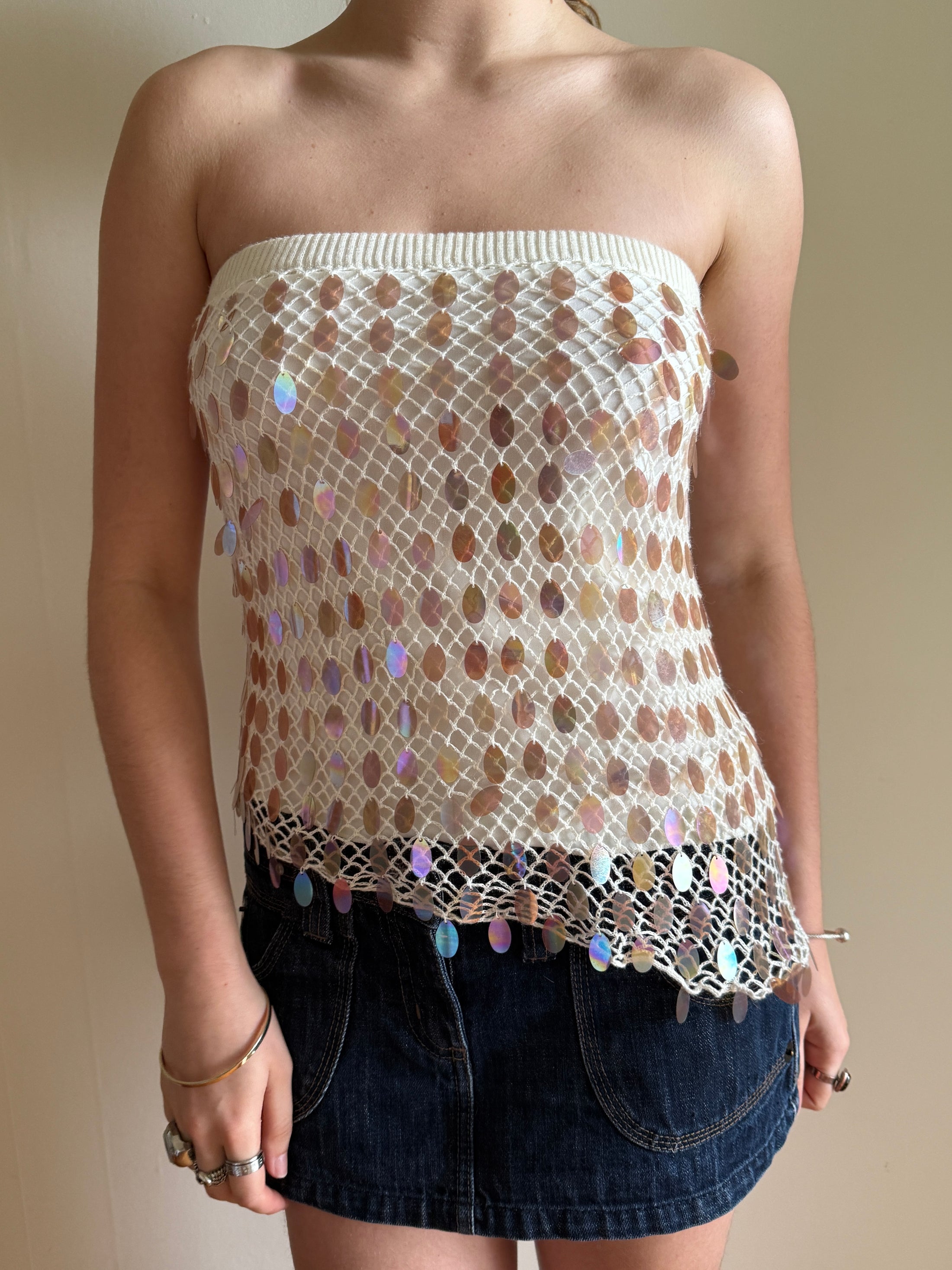 00's DKNY Sequin crocheted asym tube top • Size M