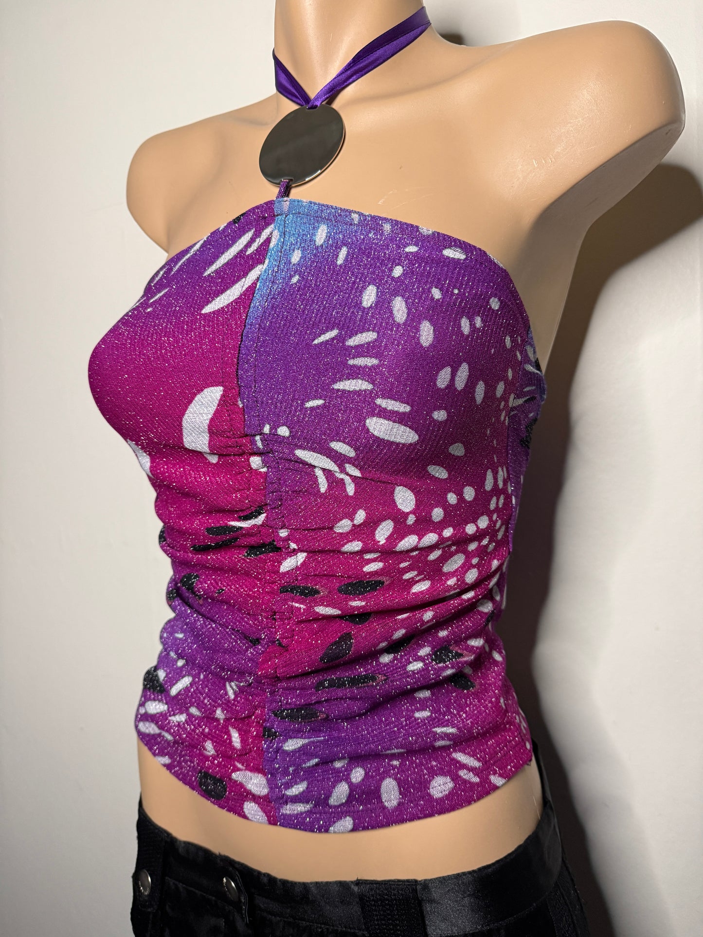 00's Morgan pattern glitter halter w metal detail • Size XS