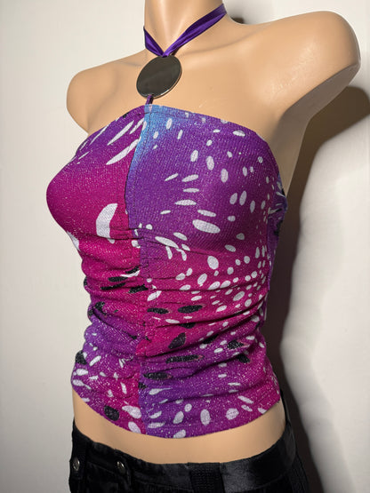 00's Morgan pattern glitter halter w metal detail • Size XS