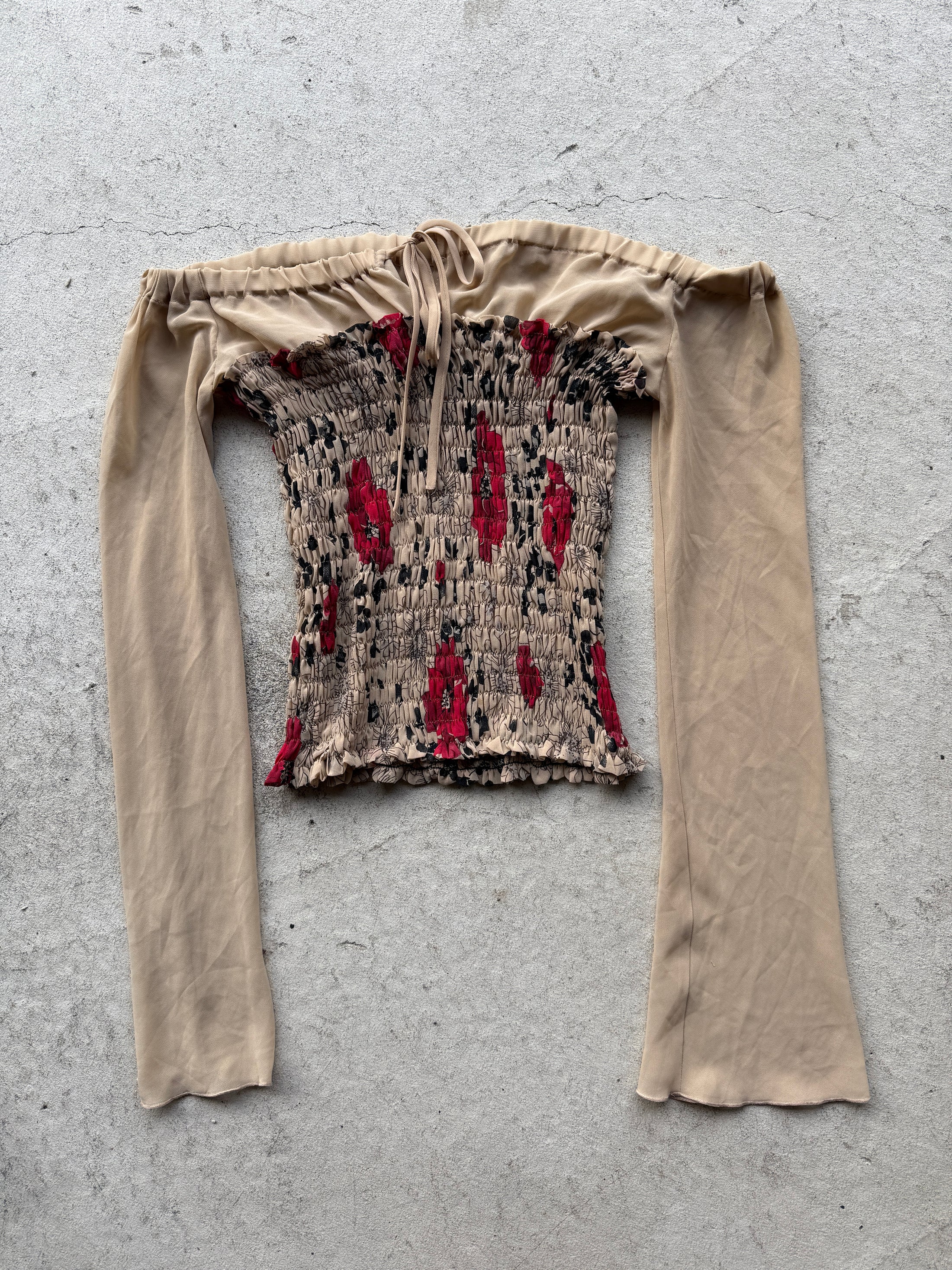 00's Mango fairy ruched off shoulder w bell sleeves • Size S