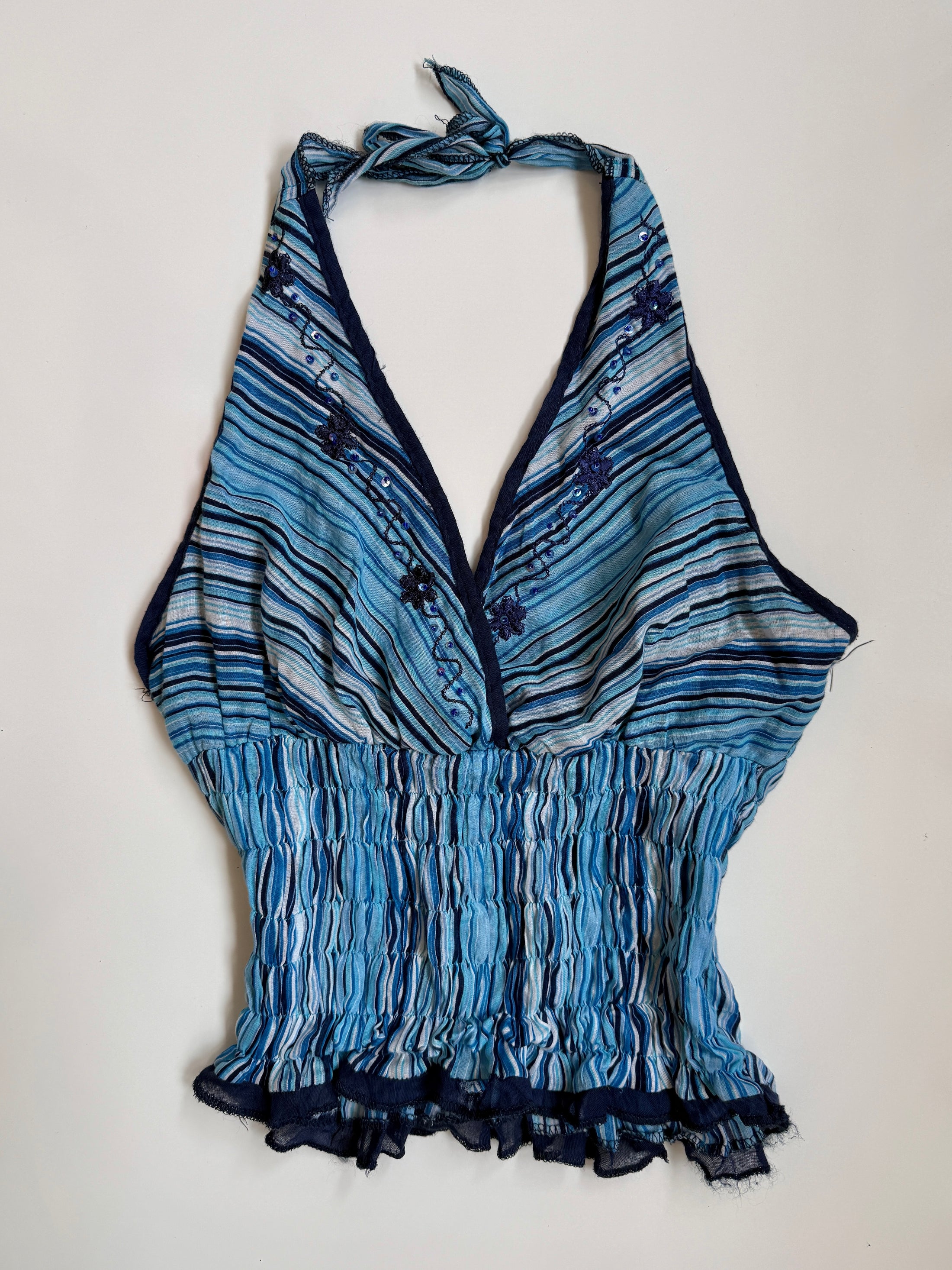 00's Striped ruched embroidered halter w diamantes • Size S
