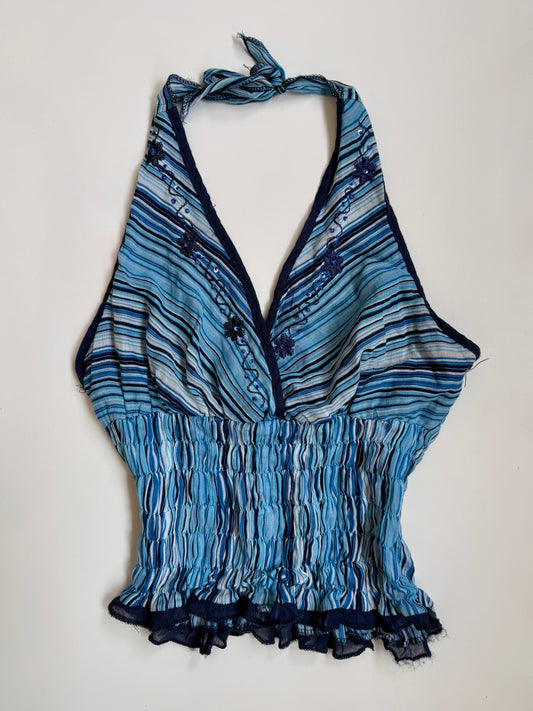 00's Striped ruched embroidered halter w diamantes • Size S