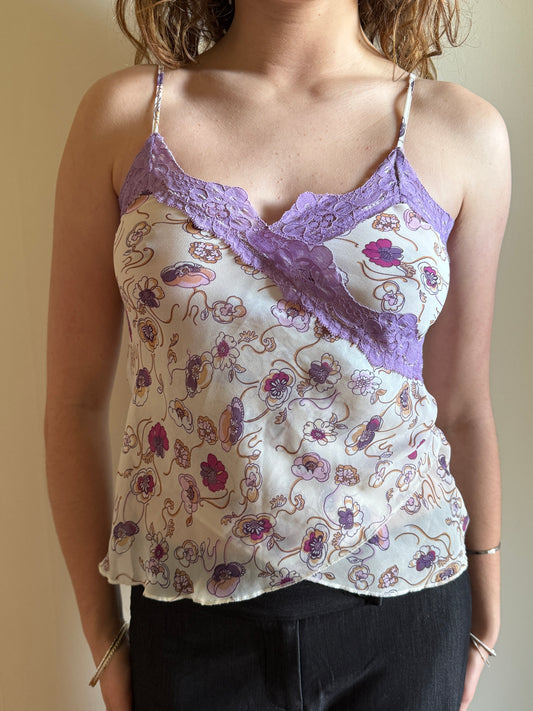 00's Italian Bennetton sheer cami w lace trim • Size XS