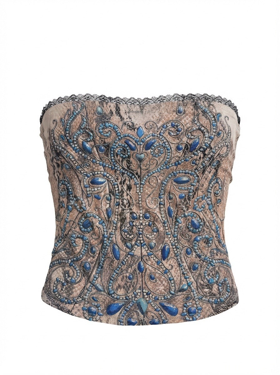 00's Morgan pattern tube top w lace trim• Size S