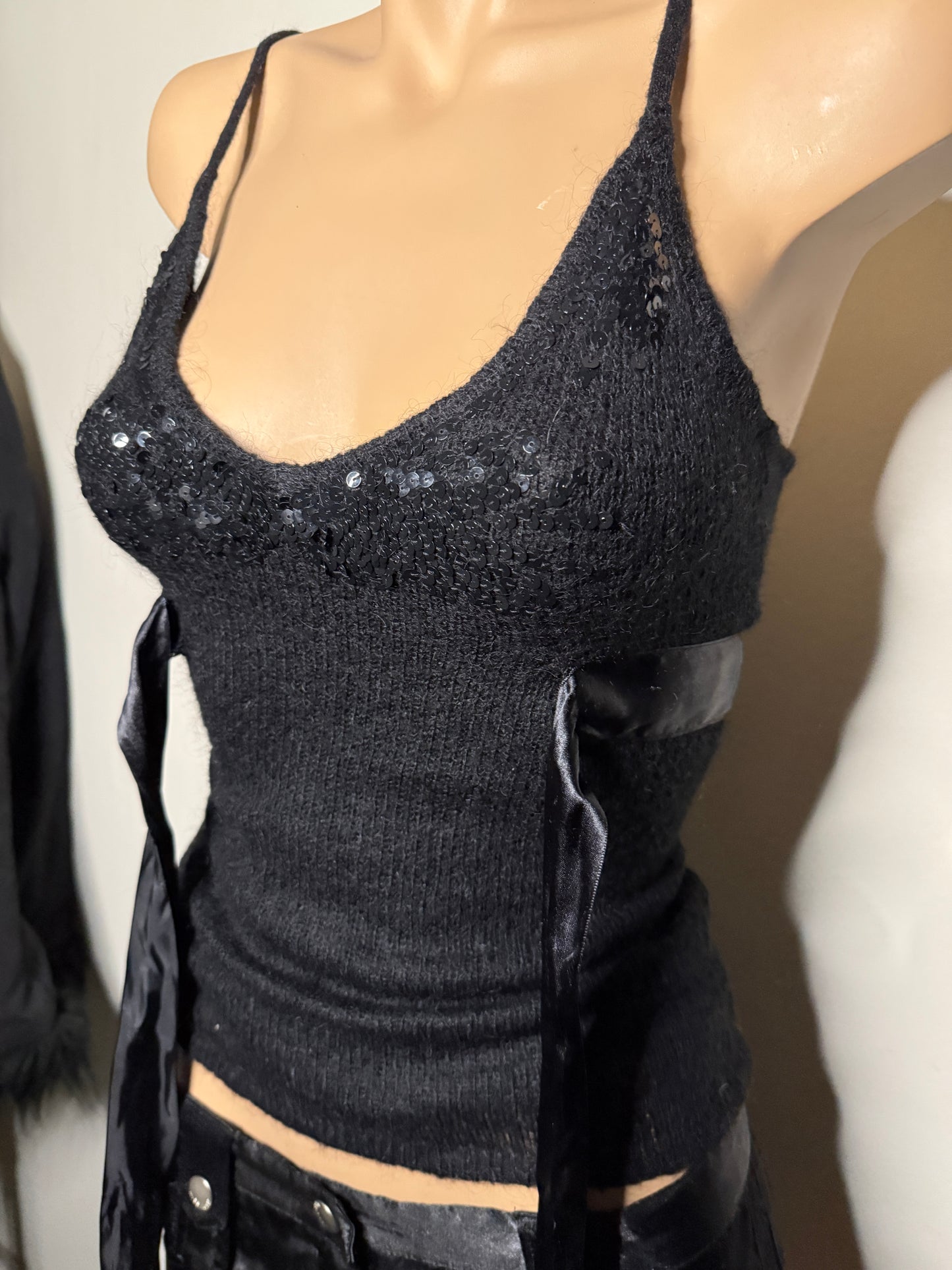 00's MNG mohair blend sequin cami w ribbon • Size XS/S