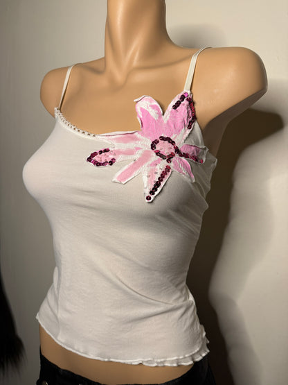 00's Mesh lined cami w flower sequin motif • Size S/M