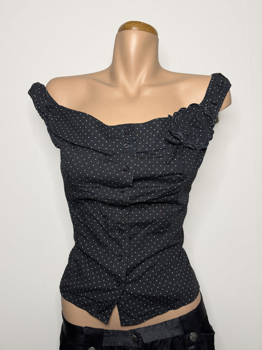 00's Zara Polka button up off shoulder w flower • Size 12