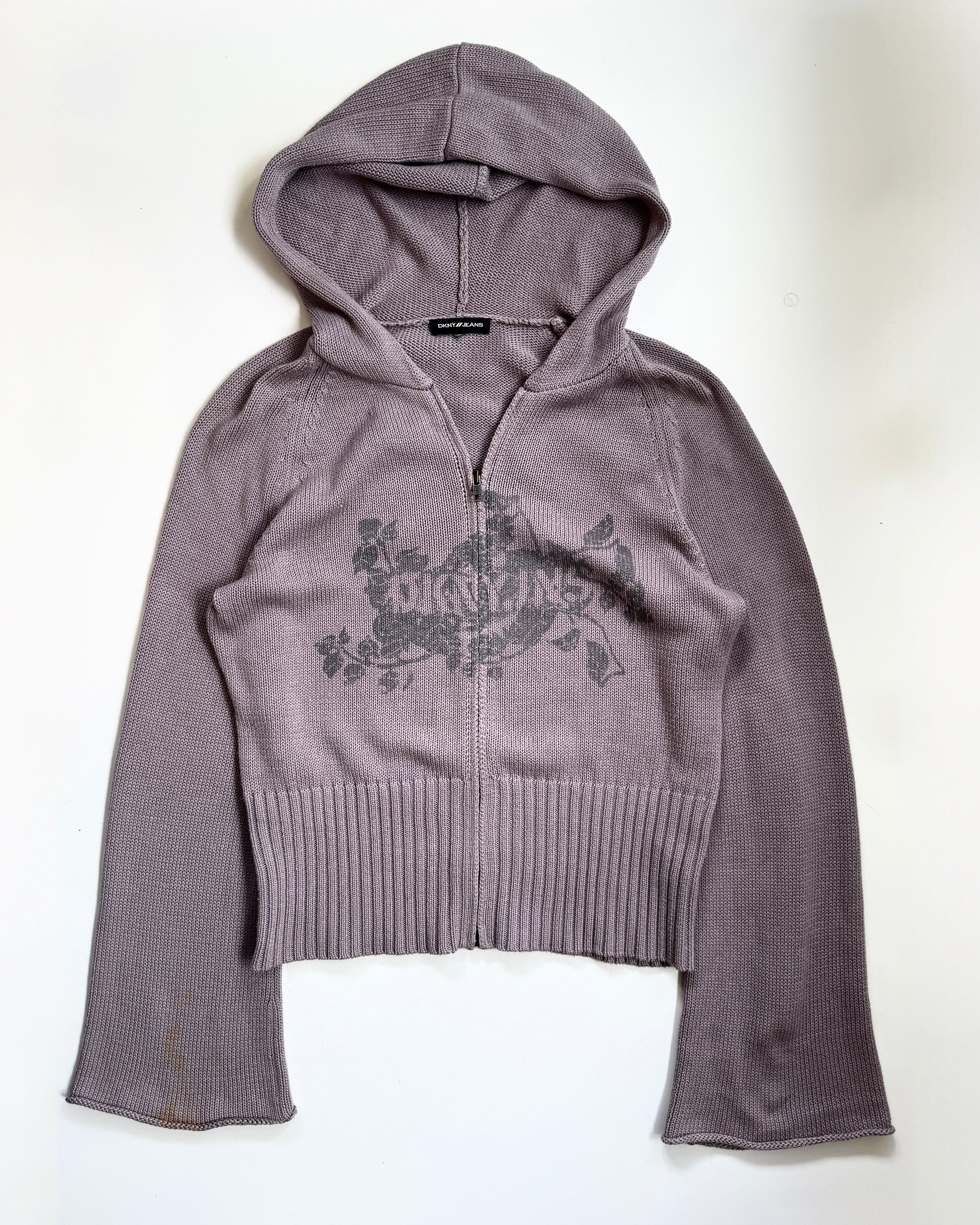 00's DKNY cotton knit zip hoodie w logo print • Size L