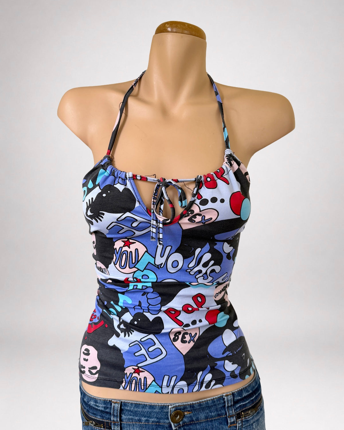 Spanish 00s pop-art backless tie halter • Size S/M