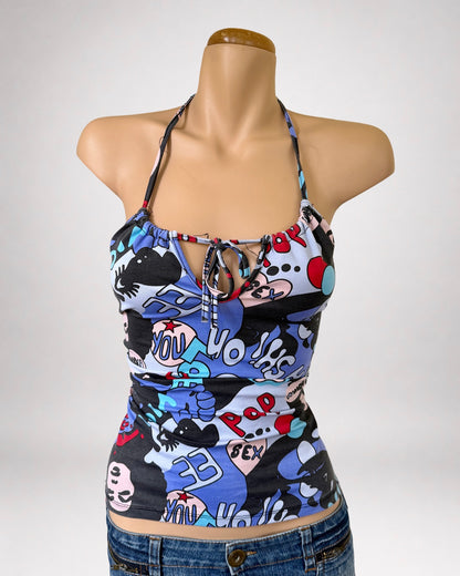 Spanish 00s pop-art backless tie halter • Size S/M