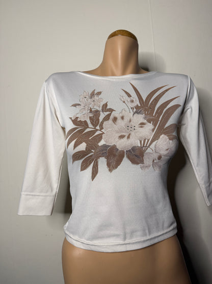 00's Flower print boat neck top w  diamantes • Size S