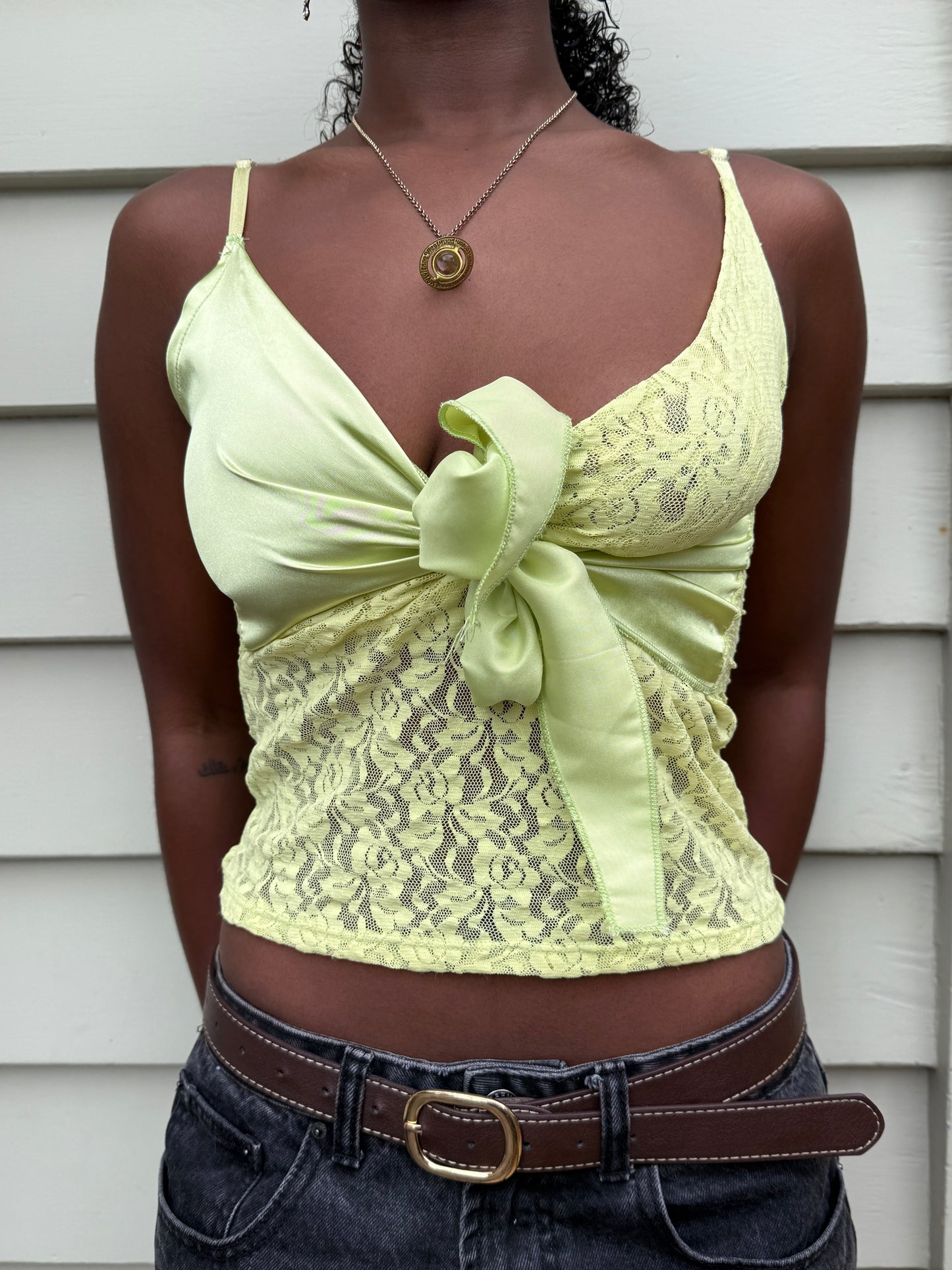 Deadstock 00's Party21 lace w satin ribbon cami *Fluro Green • Size S