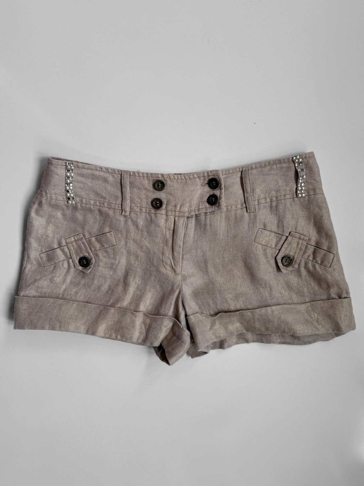 00s River Island linen low-rise micro shorts w studded diamante detail • Size 8