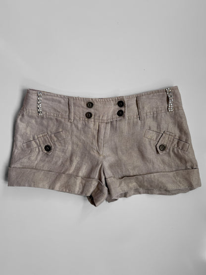 00s River Island linen low-rise micro shorts w studded diamante detail • Size 8